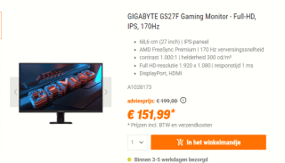 Gigabyte GS27F gaming monitor voor €151,99 bij NBB