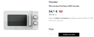 Microondas Cecotec ProClean 3120. 20 L, Con Grill y Revestimiento Ready2Clean para mejor limpieza, Tecnología 3DWave, Diseño puerta FullWhite y detalles metálicos, 6 niveles por 54.99€