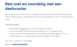 30 minuten gratis reizen met Check (scooters) tijdens de NS weg = weg weken