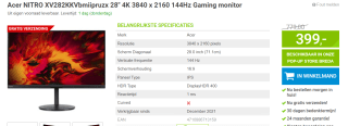 Acer Nitro XV282KKV gamingmonitor - 4k UHD, FreeSync Premium voor €399 bij Megekko