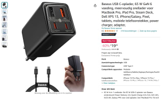 Baseus USB C-oplader 65 W voor €19,99 bij Amazon met Prime