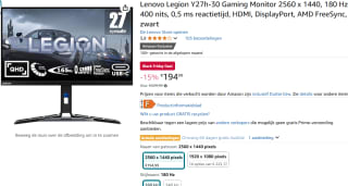 Lenovo Legion Y27h-30 computer monitor 68,6 cm (27") voor €194,99 bij Amazon