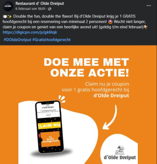 1 gratis hoofdgerecht bij een reservering van minimaal 2 personen bij Restaurant d' Olde Dreiput in 'T LOO