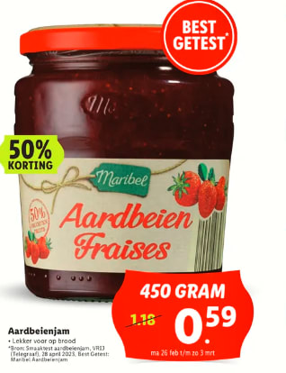 Aardbeienjam pot 450 gram voor €0,59 bij de Lidl