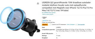 UGREEN Qi2 gecertificeerde 15 W draadloze autolader voor €29,99 bij Amazon