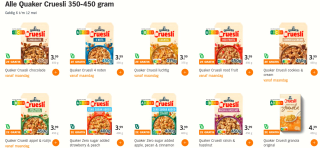 1+1 gratis op alle Quaker Cruesli 350-450 gram bij de AH