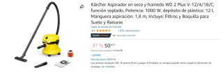 Aspiradora Sólidos/Líquidos 1000W Karcher WD 2 Plus por 50.95€