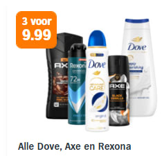 Alle Dove, Axe en Rexona 3 stuks voor €9,99 bij de AH