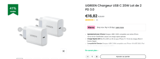 Lot de 2 chargeurs Ugreen - USB-C + USB-A, 20W à 16,82€