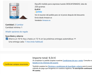 2 botes Illy Café molido para espresso tueste descafeinado, lata de 250 gramos por 9,34€