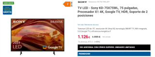 Televisor LED Sony KD-75X75WL 75" Procesador X1 4K Google TV HDR por 1096€