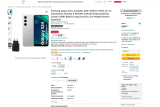 Samsung Galaxy S24 y Cargador 45W 8GB RAM 256GB Almacenamiento Cámara 50MP por solo 599€