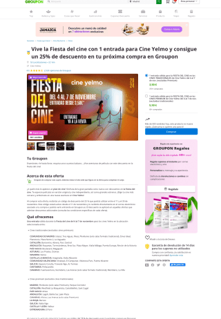 Entrada de cine por 3,50€ + 25% descuento en toda la web