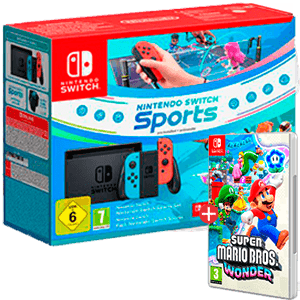 Consola Nintendo Switch + videojuego Mario Wonder y Switch Sports + Cinta Pierna + 3 Meses Online + 8€ por 319,99€
