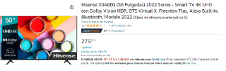 Smart TV Hisense 50A6EG 50" 2022 4K por 275.21€