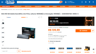 Memória SSD da Adata Swordfish de 250GB - R$ 139,99