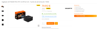 Fuente alimentación Gigabyte UD750GM PG5 750W 80 Plus Gold Full Modular por 79,90€