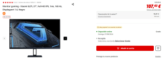 Monitor gaming Xiaomi G27i, 27", Full-HD IPS, 1ms, 165 Hz por 107,43€ (newsletter por 97,43€)