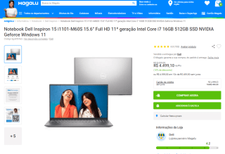 Notebook da Dell, modelo Inspiron i7-11390H de 16GB e SSD de 512GB - R$ 4.499,10