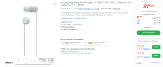 Écouteurs Bluetooth sans fil SONY WI-C100 - Autonomie jusqu'à 25 h - Blanc à 37,38€