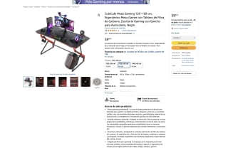 Mesa Gaming 120 × 60 cm con Tablero de Fibra de Carbono y Gancho para Auriculares por solo 59,99€