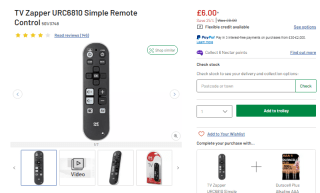 TV Zapper URC6810 Simple Remote Control for £6 at Argos