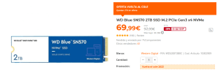 Disco duro WD Blue SN570 2TB SSD M.2 PCIe Gen3 x4 NVMe por 69,99€