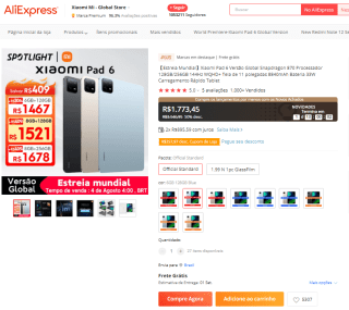 Tablet da Xiaomi, modelo Mi Pad 6 de 128GB - R$ 1.773,45