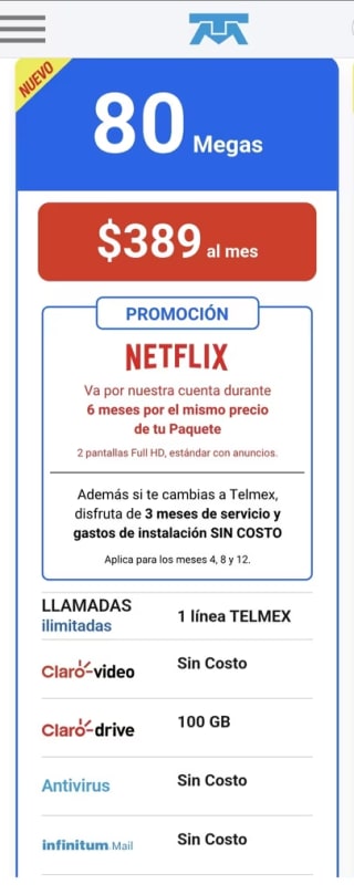 3 Meses Gratis Telmex (Instalación Sin Costo 6 meses de Netflix y 80mb) por $389 al mes