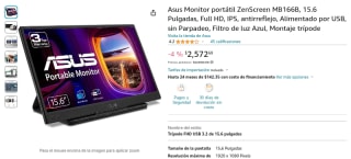 Monitor Portátil Asus ZenScreen MB166B 15.6" por $2,573 en Amazon