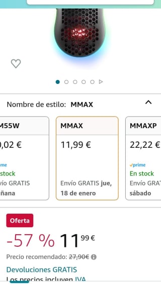 Mars Gaming MMAX Negro, Ratón Gaming con Cable por 11,99€.