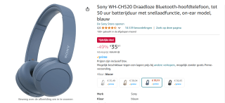 Sony WH-CH520 Draadloze koptelefoon blauw of wit voor €35,51 bij Amazon
