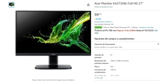Monitor Acer KA272Hbi Full HD 27" por 99,99€