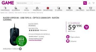 Ratón Gaming Razer Viper 8K + descuento en Xbox Game Pass por 59,99€