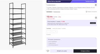 Zapatero de 8 Baldas, Abierto Estrecho, 28 x 46 x 145 cm por 7.8€