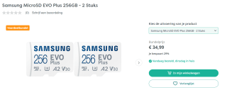 Samsung MicroSD EVO Plus 256GB - 2 Stuks voor €34,99 bij Art & Craft