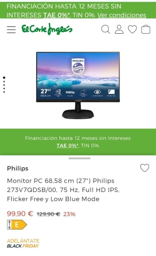 Philips Monitor LCD Full HD 273V7QDSB/00 por 99,90€.