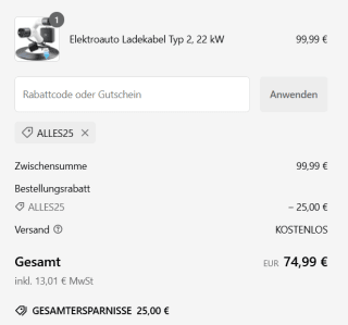 Oplaadkabel voor elektrische auto type 2, 22 kW – 7 m voor €74,99 dmv code