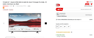 TV QLED 43" Xiaomi A PRO 2025 43, QLED 4K, Smart TV (Google TV), Dolby Audio por 220,15€