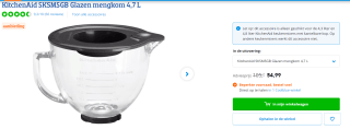 KitchenAid 5KSM5GB Glazen mengkom 4,7 L voor €54,99 bij Coolblue