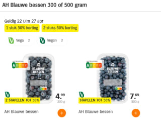 Tot 50% stapelkorting op AH Blauwe bessen 300 of 500 gram