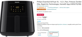 Philips Airfryer 3000 Series XL, 6.2L (1.2Kg) voor €109,99 bij Amazon