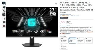 MSI G274F Monitor Gaming de 27" FHD (1920x1080), 180 Hz / 1ms por 119€