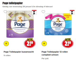 Page toiletpapier Pak 9 of 12 rollen voor €2,99 bij Dirk