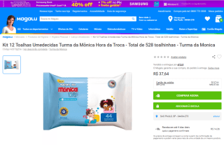 Kit com 12 Toalhas Umedecidas da Turma da Mônica com 528 toalhinhas - R$ 37,64