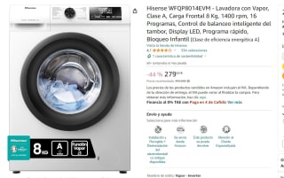 Lavadora HISENSE WFQP8014EVM (8 kg - 1400 rpm - Blanco) por 279€