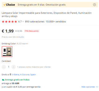 Foco solar para exterior impermeable por 1,90€ cuentas nuevas 0,03€