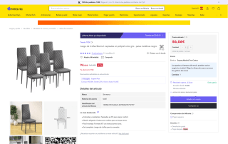 Juego 6 sillas Marmol tapizado gris patas negras por 86,06€