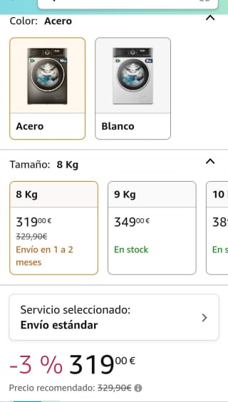 Cecotec Lavadora 8Kg Carga Frontal Bolero Dresscode 8500 Inverter Steel A 1900W por 319€.