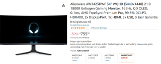 Alienware AW3423DWF 34" Wide Quad HD 165Hz Curved OLED Gaming monitor voor €755 bij Amazon